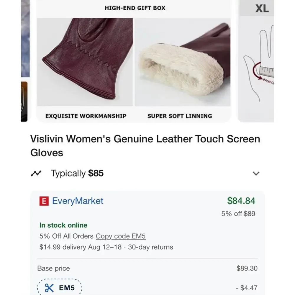 $94 Small 7”  Genuine Leather Burgundy Touch Screen Driving Warm Gloves Women